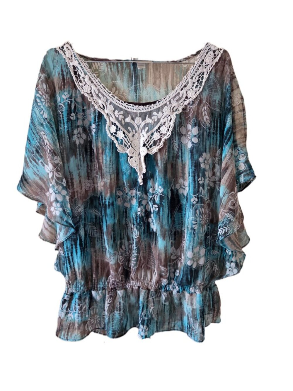 Dressbarn Teal & Brown Patterned Short Sleeve Blouse White Lace V-Neckline